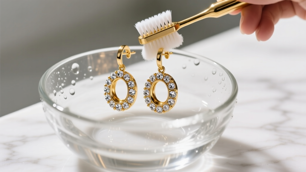 Brass iced out dangle earrings being gently scrubbed with a soft toothbrush and mild soapy water inside a clear glass cleaning bowl.