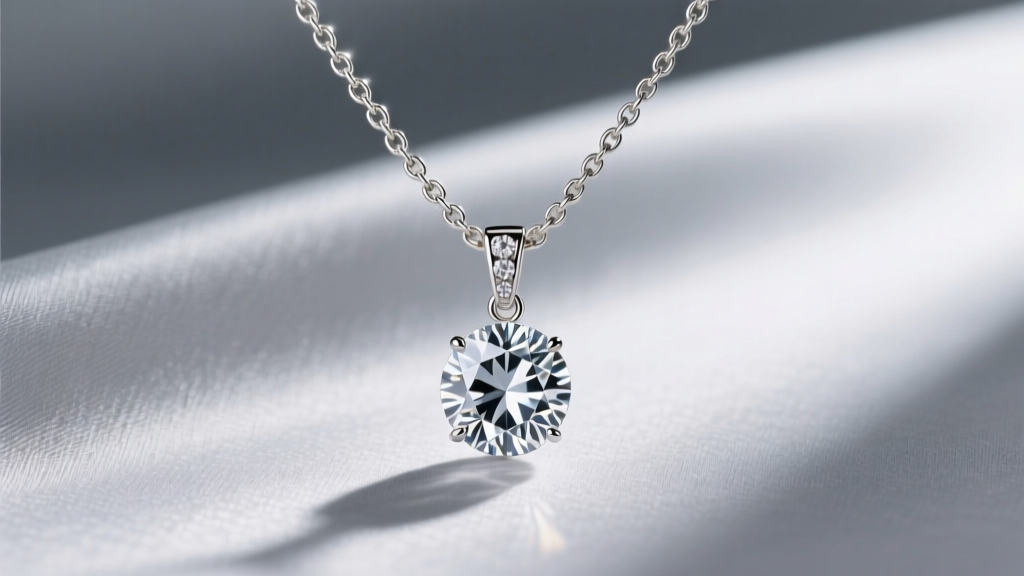 A thick 3mm white gold omega chain necklace threaded through a large diamond pendant bail against a soft grey silk background.