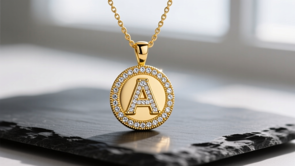Close-up of a 14k yellow gold initial bubble necklace with a diamond-encrusted letter A pendant resting on a dark slate surface