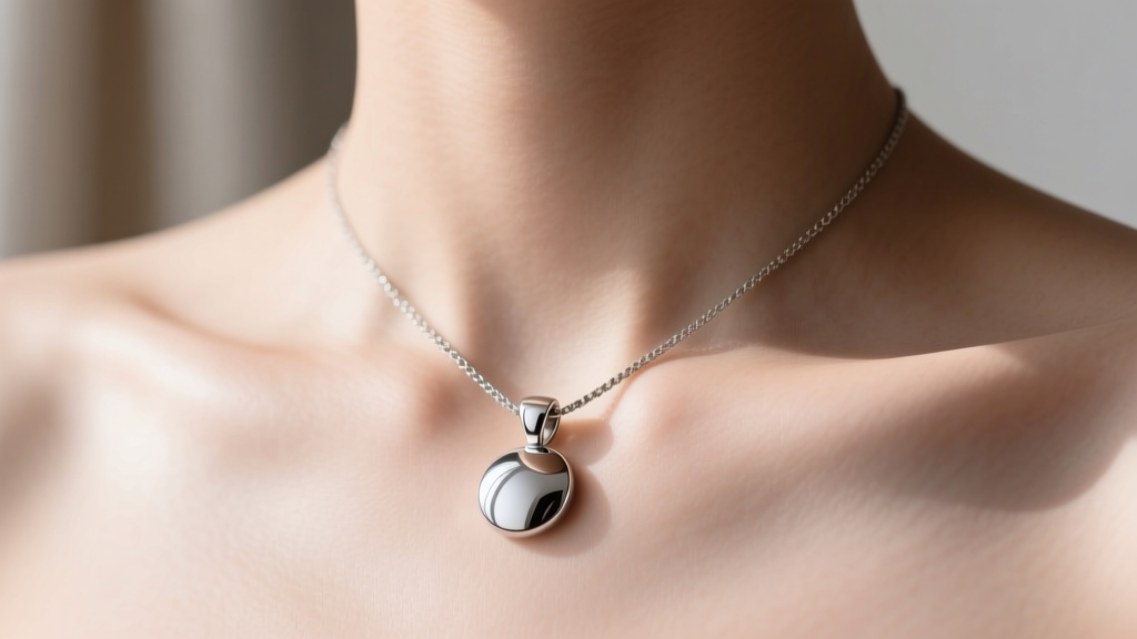 Close-up of a polished titanium pendant on a collarbone, soft light highlighting clear, irritation-free skin without any redness.