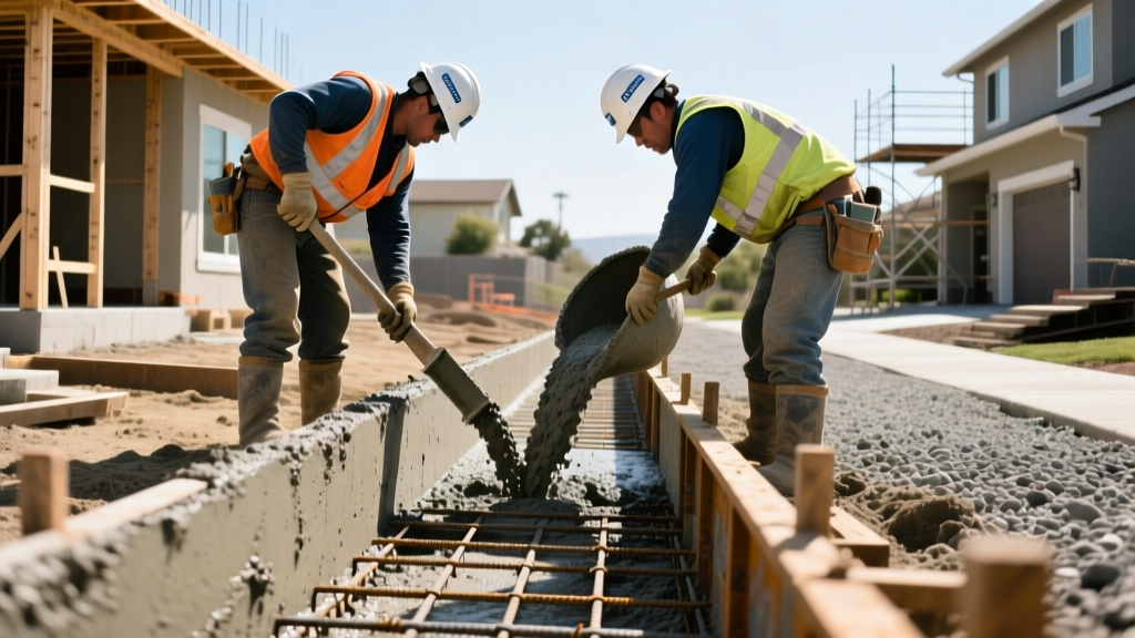 Construction workers pouring high-sulfate resistant concrete into a reinforced grade beam trench on a residential site in Montebello California