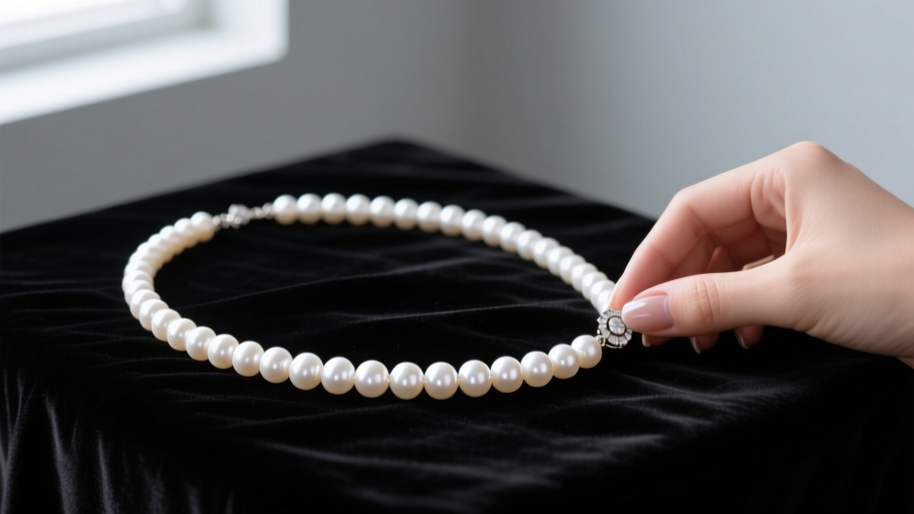 A white Akoya pearl necklace draped on dark velvet, with a jeweler's loupe and steel beading awl resting near the silver clasp.