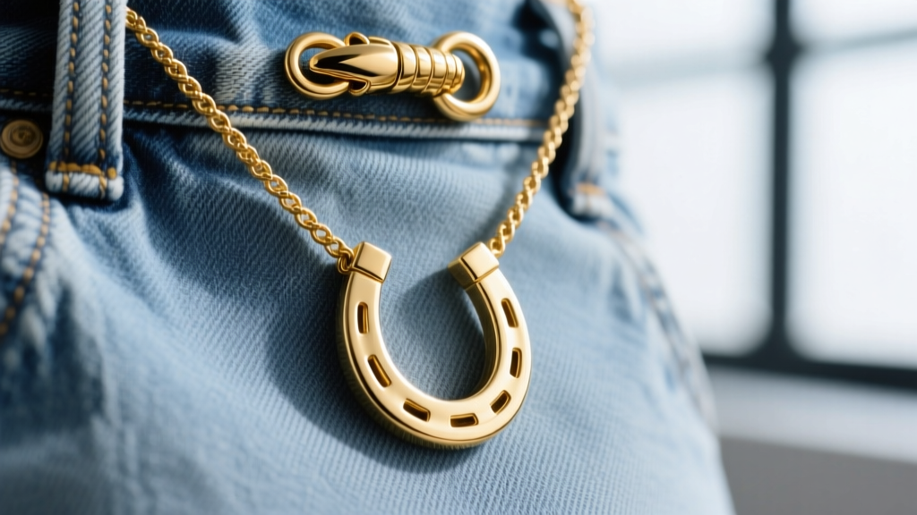 Gold horseshoe cross necklace with 3mm rope chain on denim, highlighting the high-polish finish and secure heavy lobster clasp detail