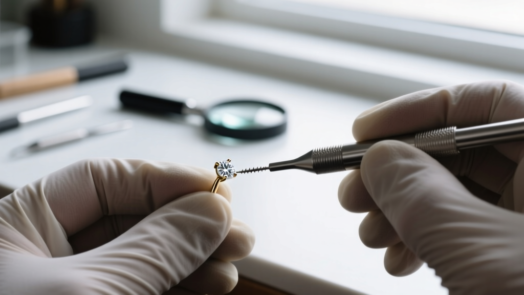 A jeweler using a micro-tap tool to repair stripped threads on a 20-gauge white gold diamond stud earring post at a workbench.