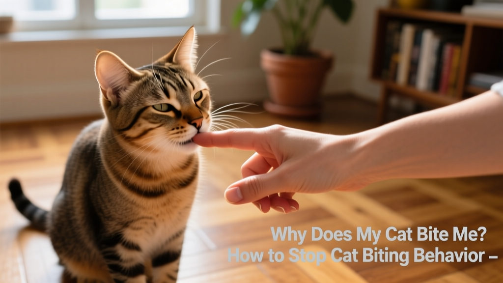 A relaxed cat gently nipping a person's hand during play, showing calm body language