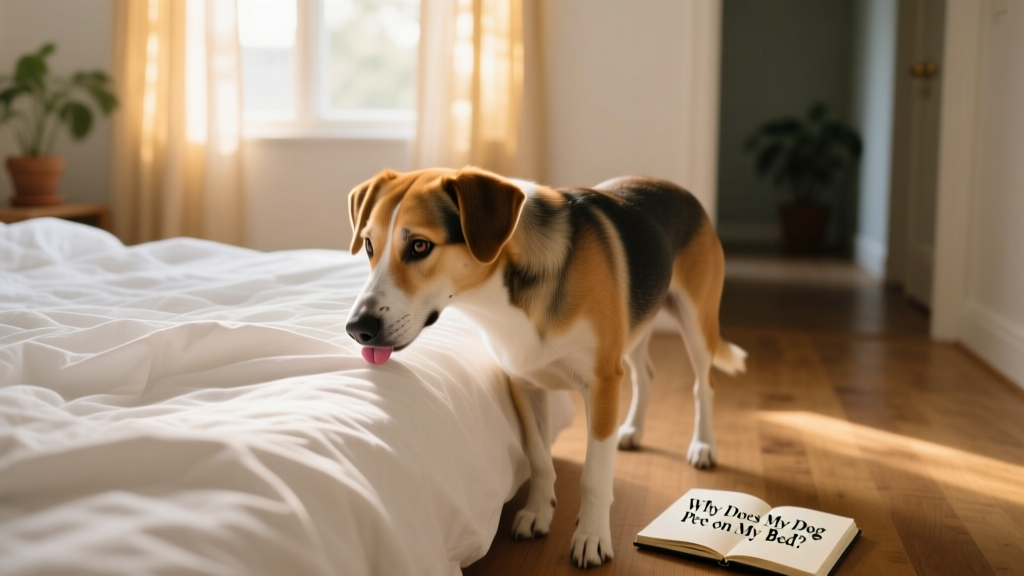 Dog gently sniffing a clean, unmade bed with a curious expression