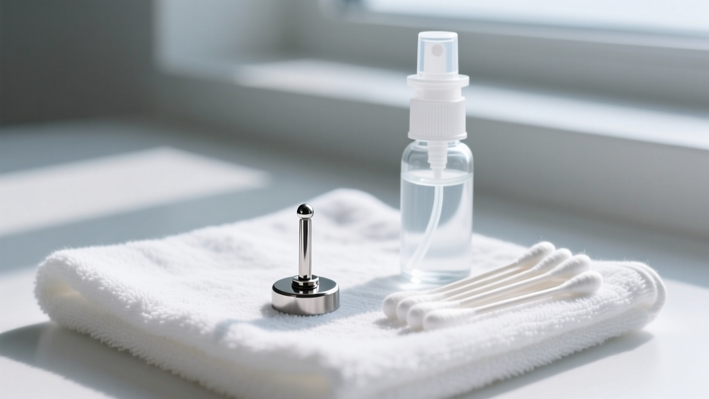 Sterile saline spray and cotton swabs resting beside an 18-gauge implant-grade titanium labret stud on a crisp white towel.