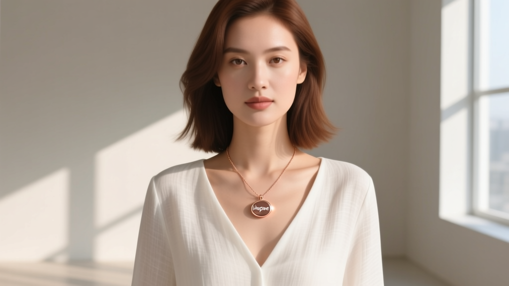 Woman wearing a rose gold Hapbee necklace over white linen, with the pendant resting at the sternum for optimal signal delivery.