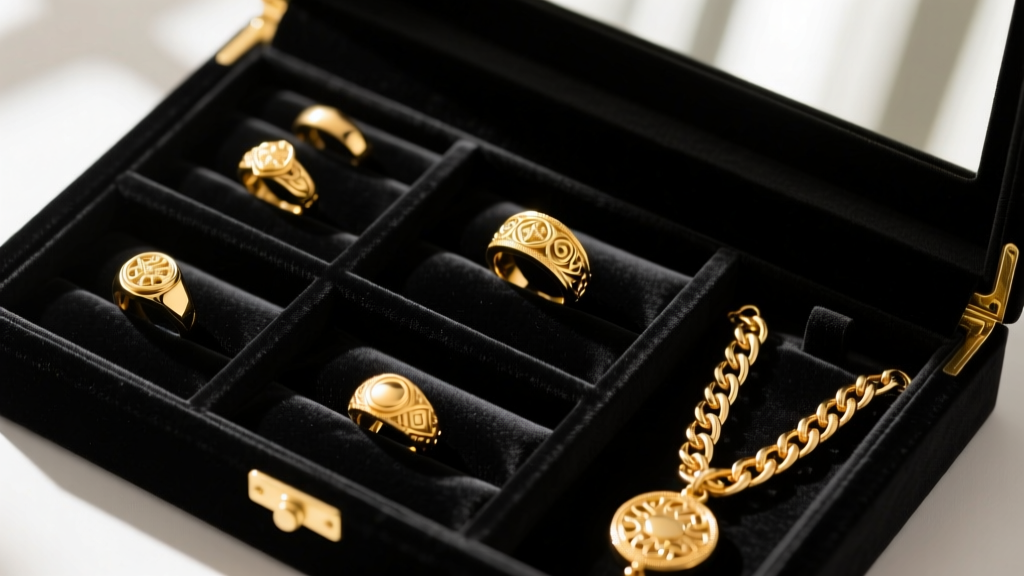 Top-down view of a black velvet jewelry box interior featuring specialized slots for heavy gold rings and thick chain amulets.