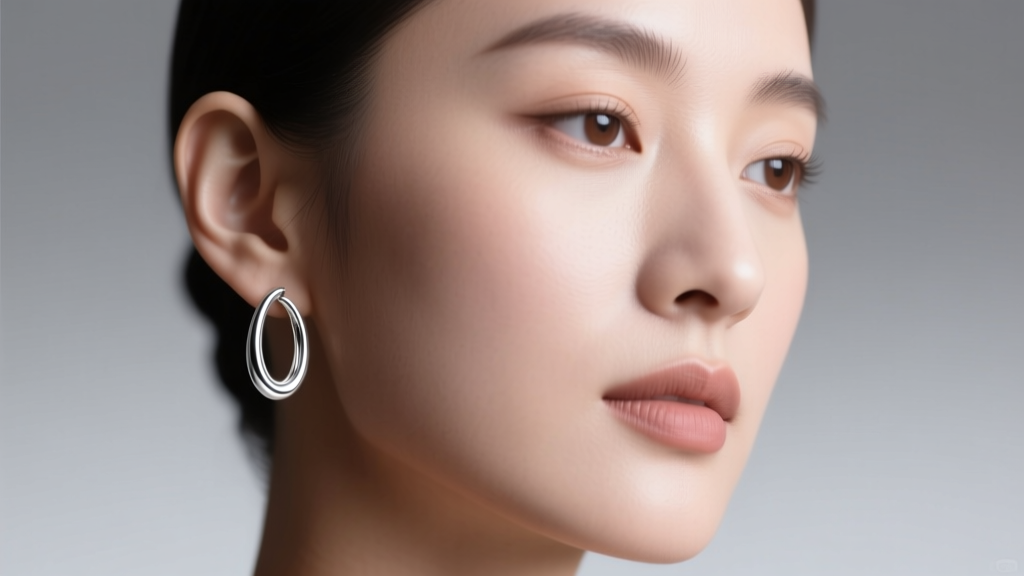 Close-up portrait of a woman wearing medium polished 925 sterling silver oval hoop earrings on her earlobes, soft studio lighting