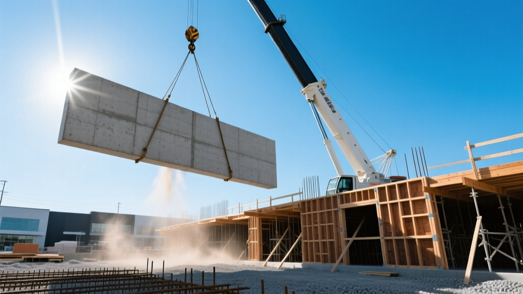 Crane lifting a massive precast concrete wall panel next to wooden formwork prepared for a cast-in-place pour on a commercial site