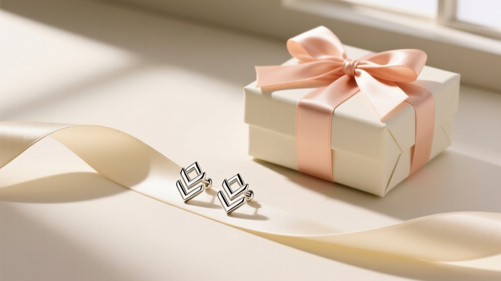 Elegant flat lay of Tory Burch silver Kira chevron earrings on a cream silk ribbon beside a wrapped gift box in soft light.