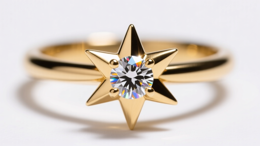 Close-up of 14k gold starburst ray tip showing micro-prong setting with single 2mm diamond, illuminated by bright studio lighting.