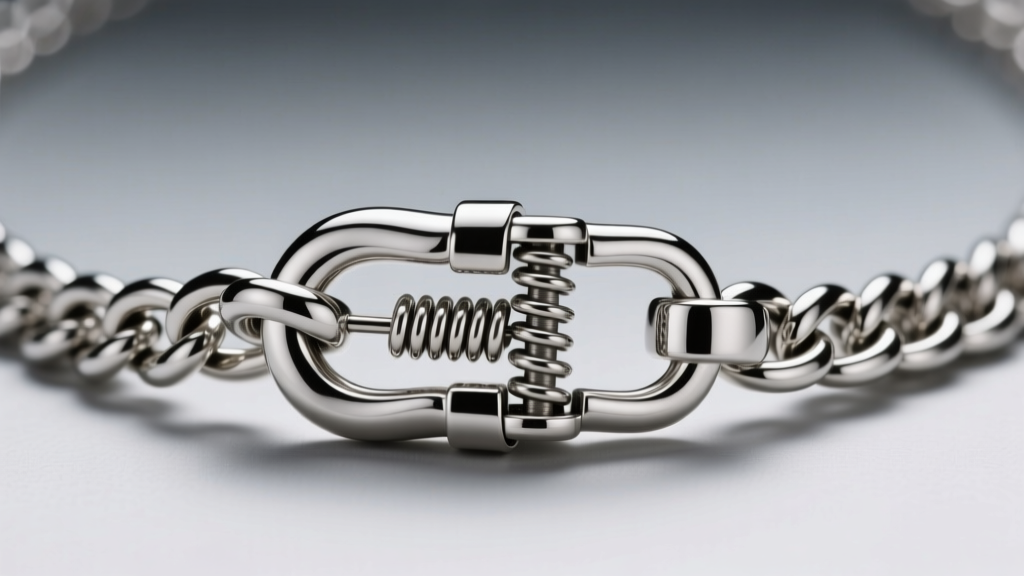 Extreme close-up of a heavy-duty lobster clasp on a thick platinum mens chain necklace, highlighting the spring mechanism