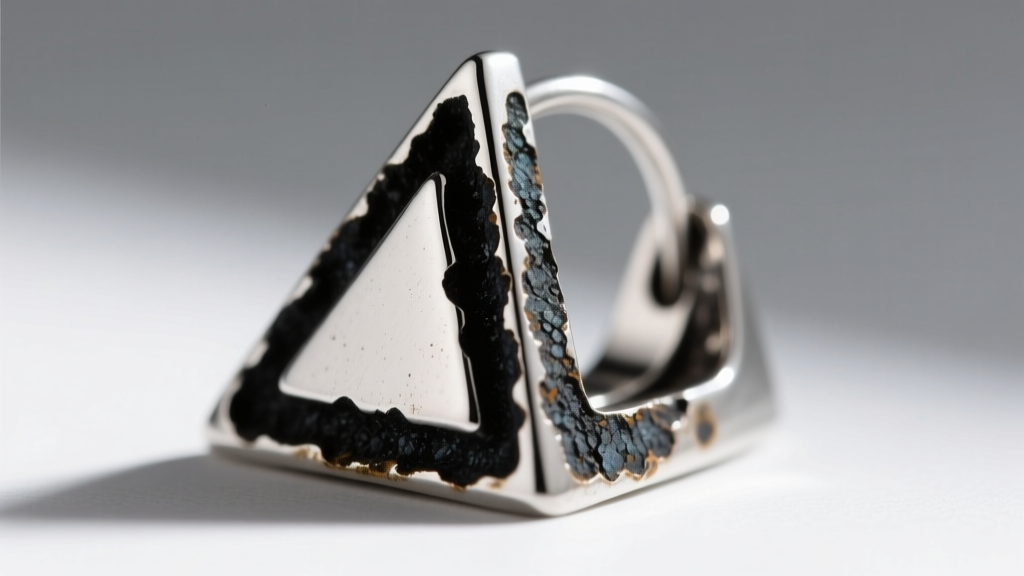 Tarnished 925 silver pyramid earring side view showing dark oxidation buildup concentrated along the sharp unpolished corner seams.