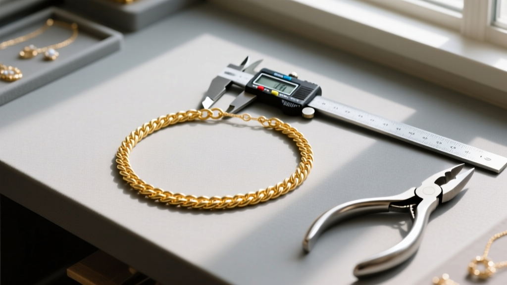 Overhead view of a jewelry workbench showing a gold rope chain measured with digital calipers next to a pair of flat-nose pliers
