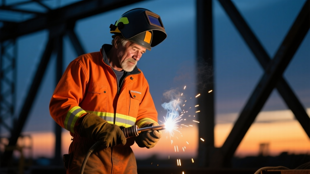 Close-up of a construction worker wearing bright orange Nomex fire resistant material clothing while welding structural steel beams at dusk
