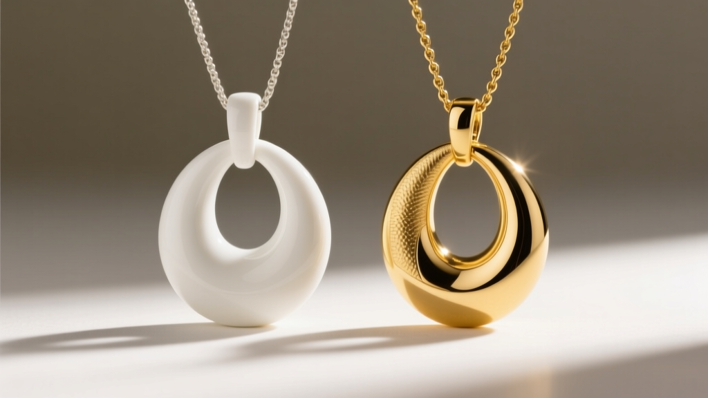 Macro view of a white ceramic B.zero1 pendant beside an 18k yellow gold version, showing seamless integration and bright polish.
