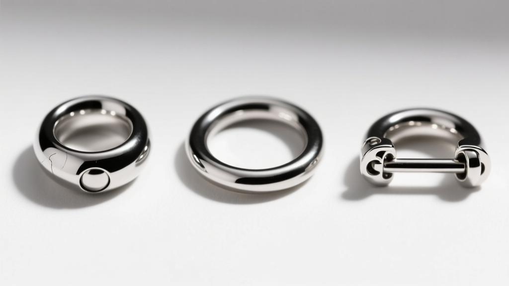 Macro photo of three lip rings side-by-side: a captive bead ring, a seamless hoop, and a hinged clicker segment in polished silver