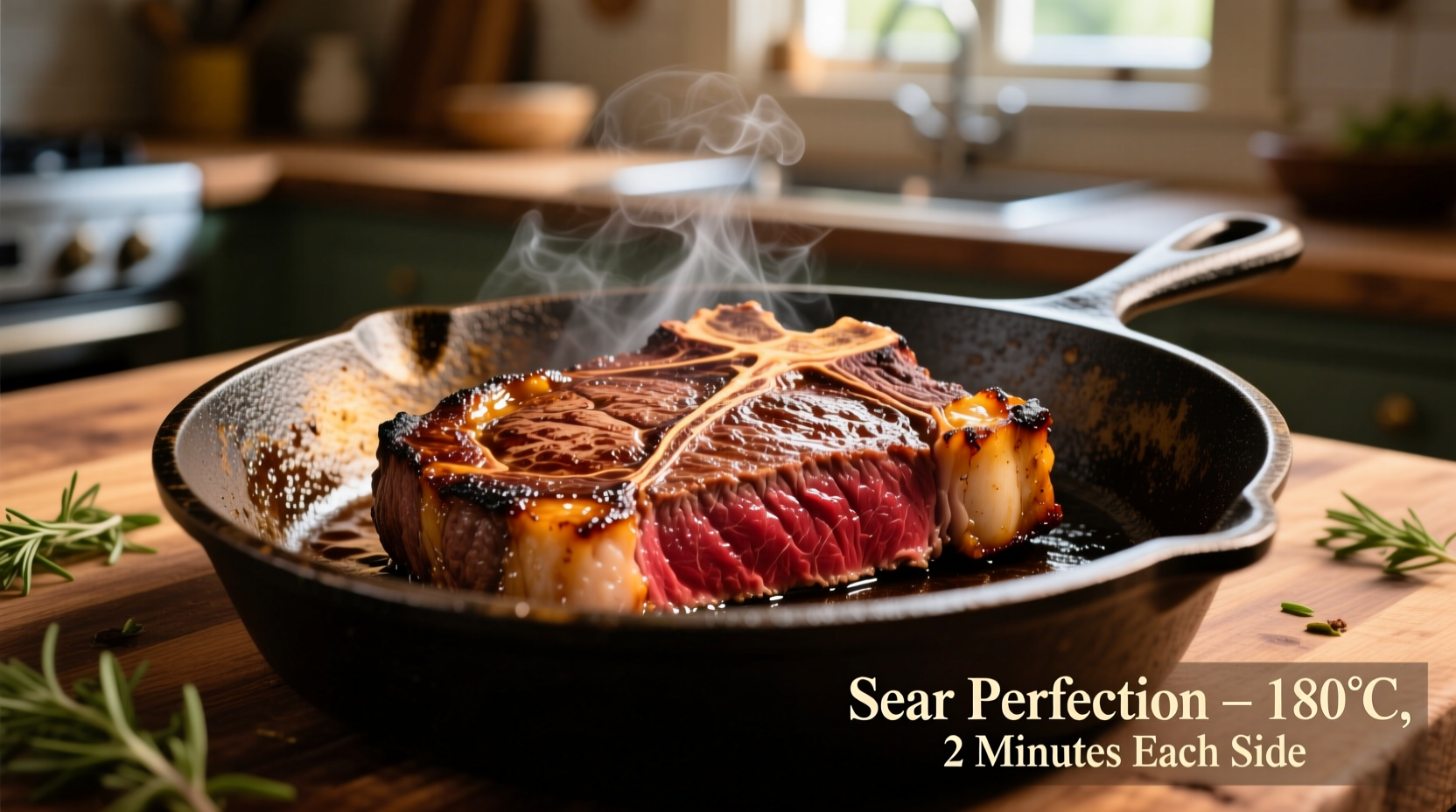 Perfectly seared ribeye steak with golden crust in cast iron skillet