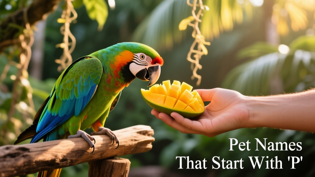 A gentle hand offering a small piece of fruit to a brightly colored parrot perched on a natural wood perch