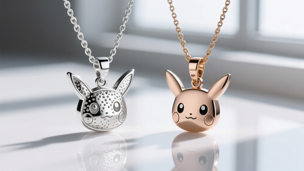 Macro comparison of sterling silver and zinc alloy Pokémon N necklaces, showing casting porosity differences and crisp edge details