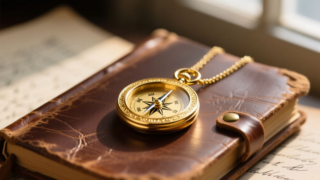 Close-up of a polished 14k yellow gold compass pendant resting on a vintage leather journal, illuminated by warm sunlight