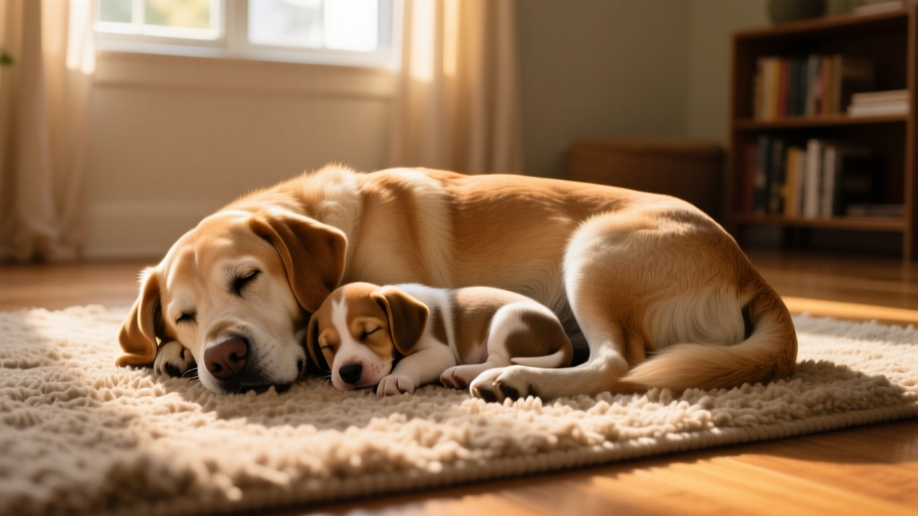 The dog and puppy curled up together on a cozy rug, sleeping peacefully