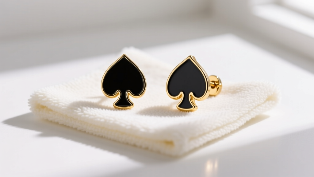 Flat lay of gold-plated Kate Spade New York earrings with black enamel spade motifs resting on a soft microfiber cleaning cloth