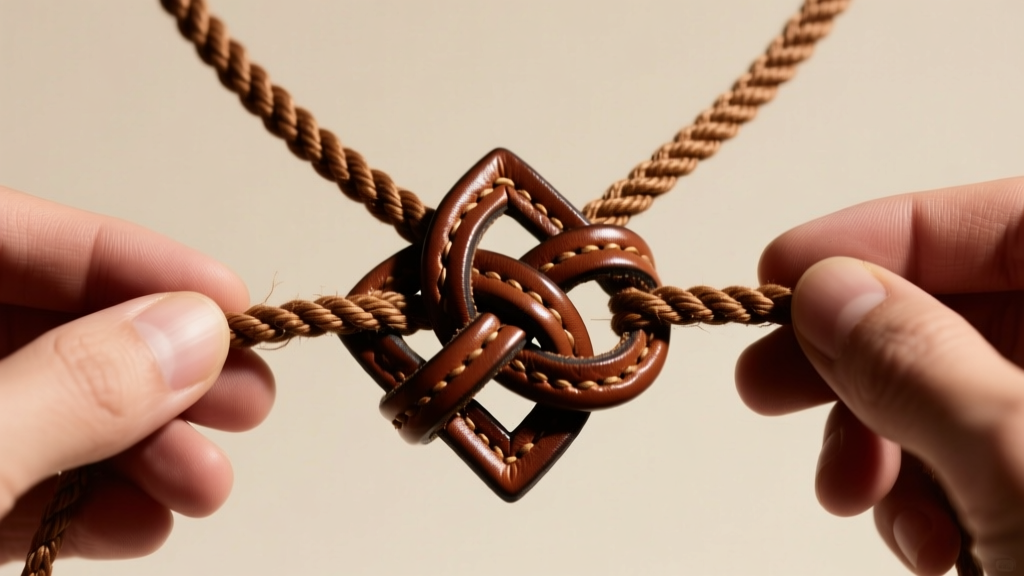 Hands pulling a sliding macrame square knot on a leather necklace, showing the melted synthetic cord ends sealed against fraying