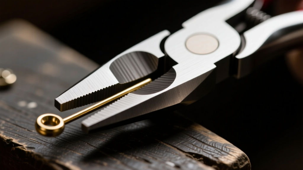 Macro shot of flush cutters snipping a brass eye pin, showing the flat cut end on a dark, textured jeweler's wooden work bench.