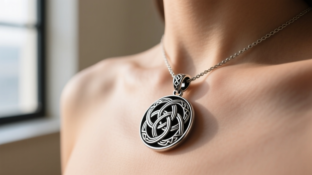 Close-up of a black rhodium plated 925 silver pendant featuring intricate Celtic knotwork resting on bare skin near the collarbone