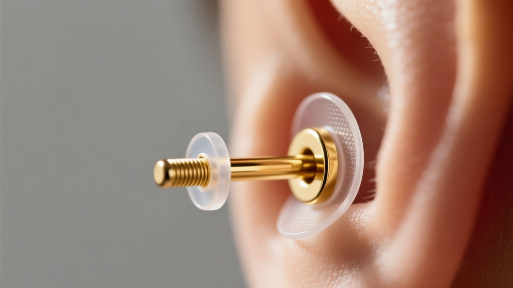 Macro shot of an 18-gauge gold earring post secured with a clear silicone back and a transparent adhesive lobe support patch.