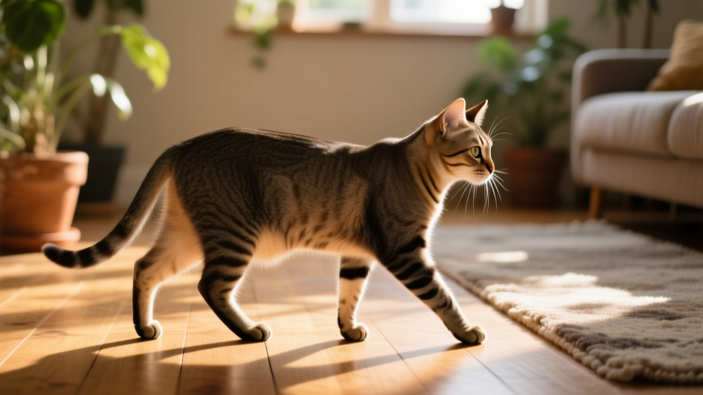 Side-view photo of a lean domestic cat showing a clearly visible, loose belly flap swinging gently as the cat walks