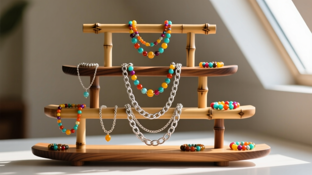 Bamboo wooden necklace stand with multiple tiers holding colorful beaded necklaces and heavy silver chains in bright sunlight.