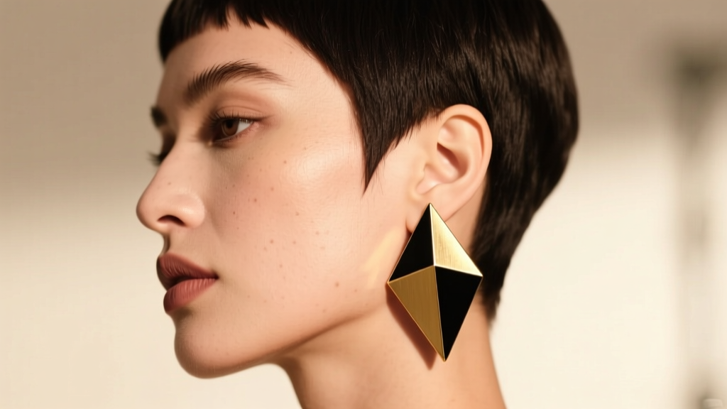 Profile of a woman with a pixie cut wearing a geometric front back earring, highlighting her jawline and earlobe in warm light.