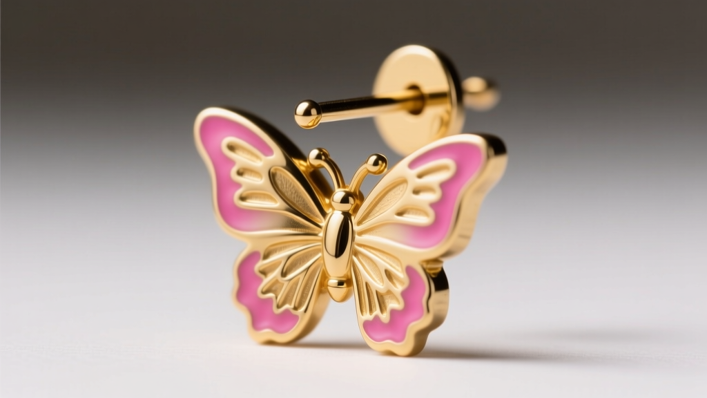 Macro close-up of a gold-plated brass earring post with a butterfly back, highlighting the steel pin and vibrant pink enamel edge.