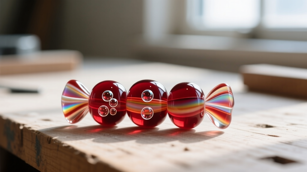 Macro shot of lampwork glass beads mimicking hard candy, showing internal bubbles and ruby translucency on a wooden workbench.