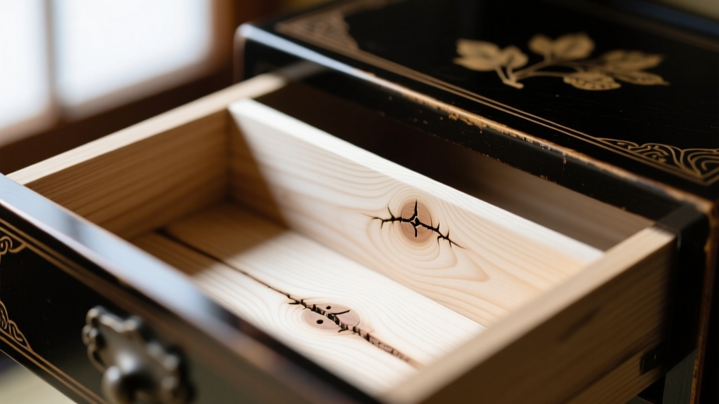 Close-up of raw paulownia wood grain inside a vintage Japanese jewelry drawer, showing natural humidity-regulating pores and joints