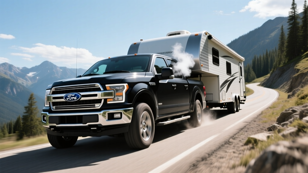 Ford F-150 towing a travel trailer uphill demonstrating 3.73 gear ratio towing performance under load
