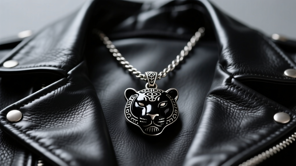 Dark neo-traditional black panther pendant on an oxidized silver chain resting on a textured black leather jacket