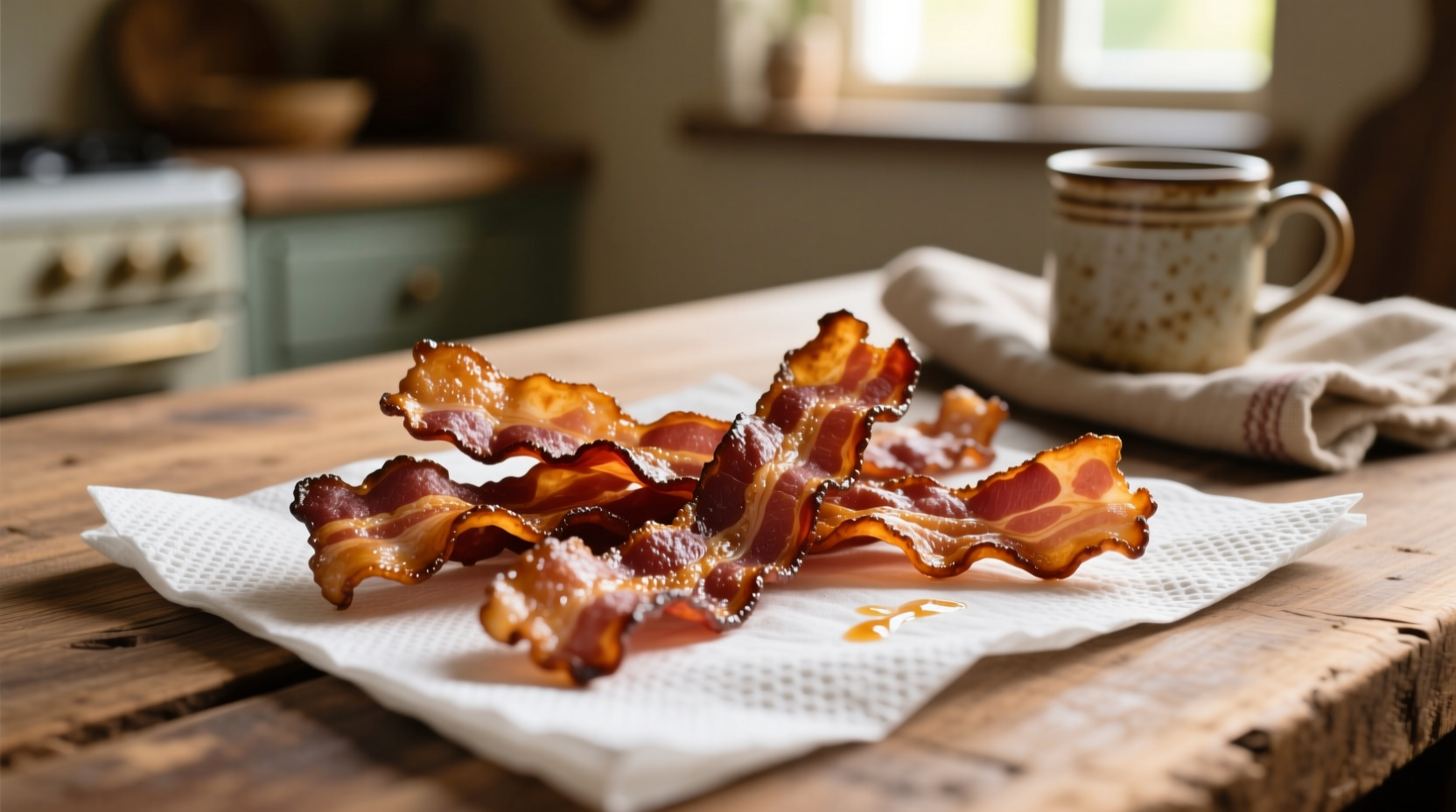Crispy bacon strips on paper towel