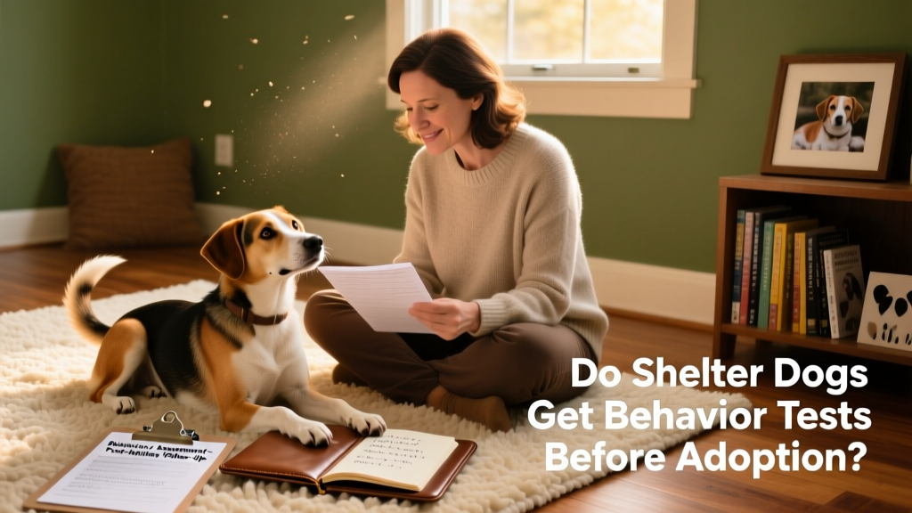 A FurPetVo adoption counselor reviewing notes with a prospective adopter while sitting beside a calm, tail-wagging dog on a cozy rug