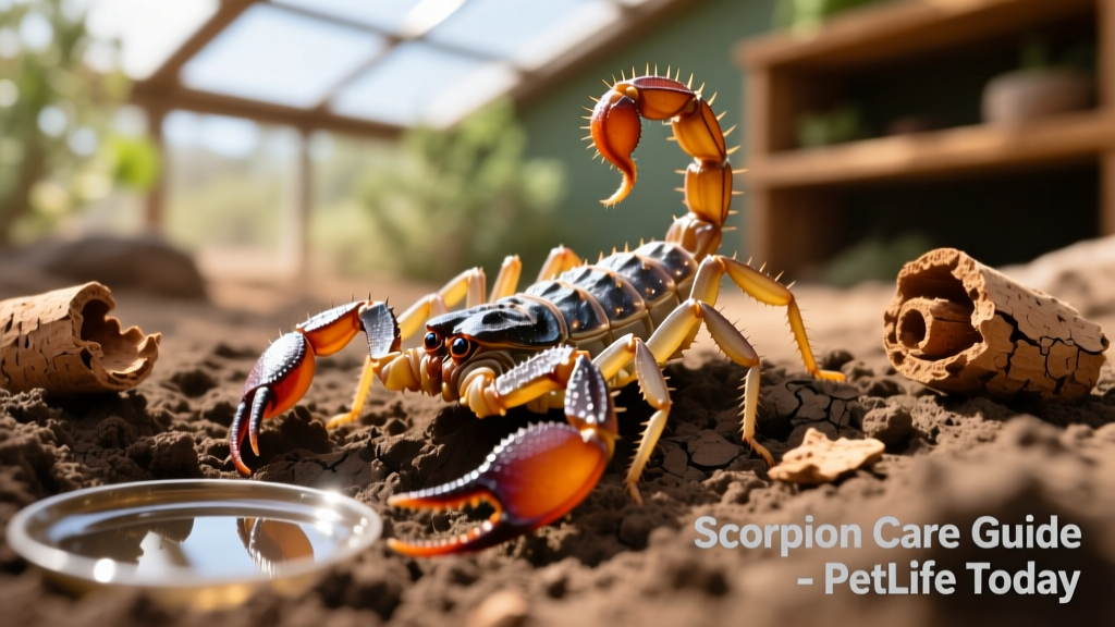Close-up of a scorpion partially buried in moist excavator clay substrate, with cork bark and a small water dish nearby