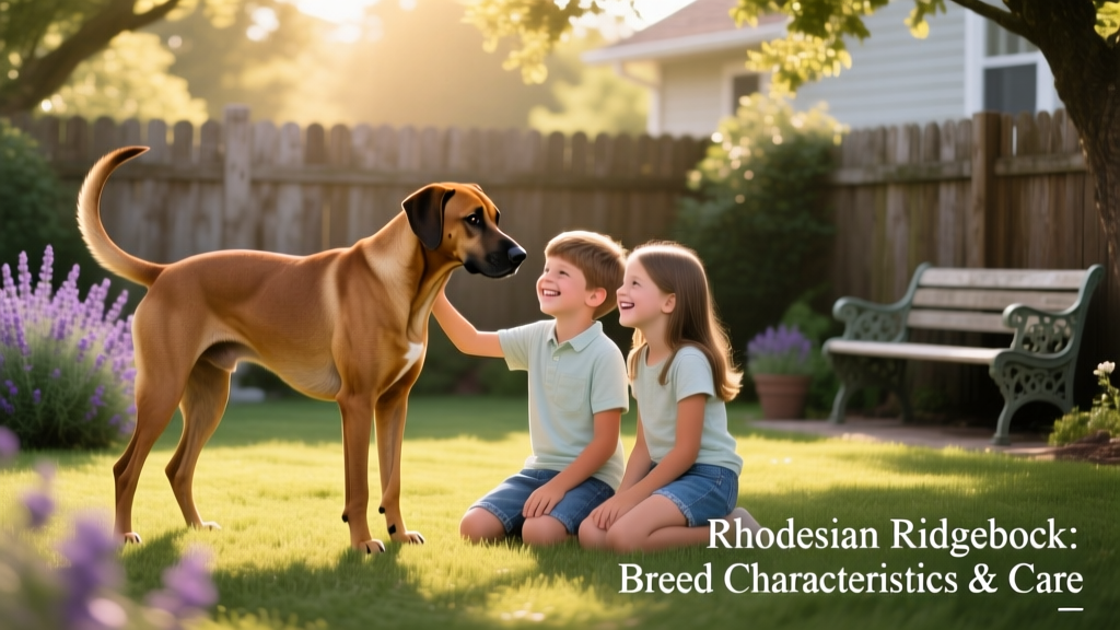 Rhodesian Ridgeback gently interacting with children in a sunlit backyard, showcasing calm, affectionate temperament