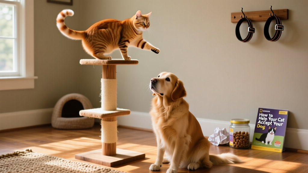 A cat perched confidently on a tall cat tree while a calm, seated dog looks up gently from the floor below