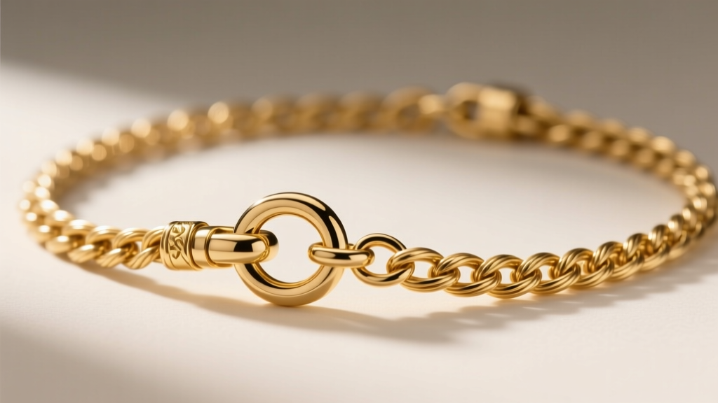 Extreme close-up of a high-quality lobster claw clasp and soldered jump ring on a delicate 14k gold cable chain necklace.