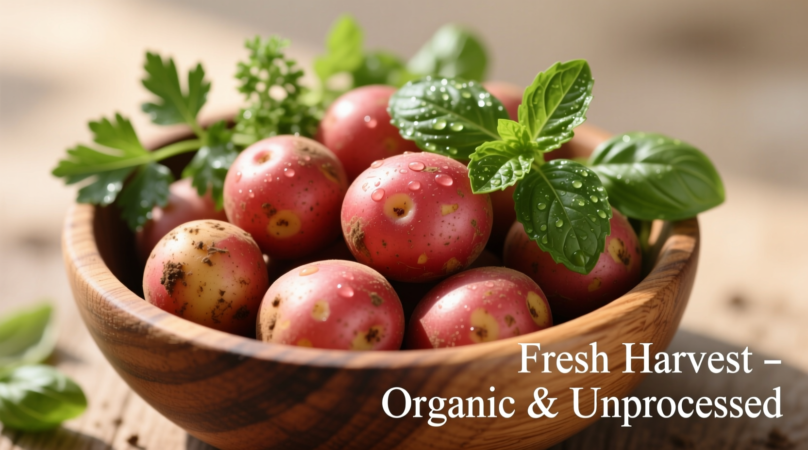 Small red potatoes in a wooden bowl with fresh herbs