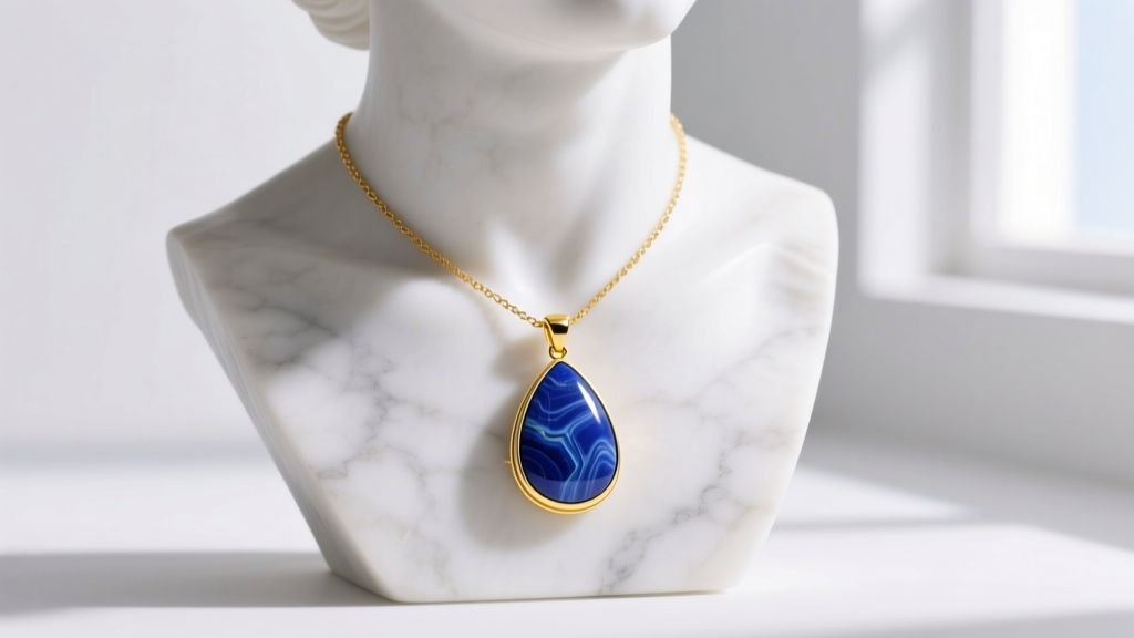Elegant lapis lazuli pendant necklace featuring a teardrop stone bezel-set in 14k yellow gold, displayed on a white marble bust