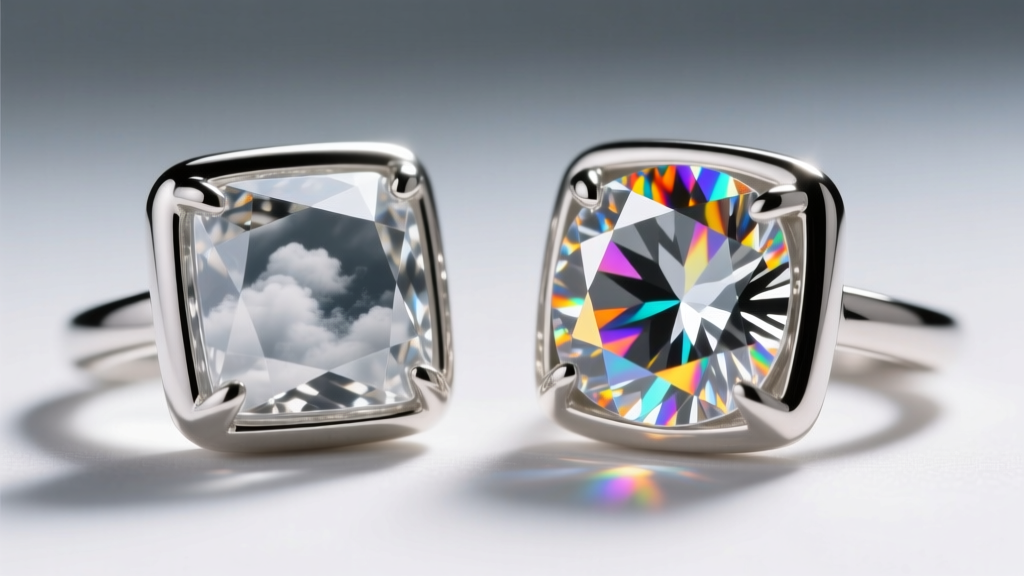 Macro comparison of a cloudy cubic zirconia stone next to a fiery moissanite stone set in rhodium-plated sterling silver bezels